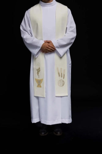 Stuła liturgiczna ecru z haftem eucharystycznym - KST/009/05/01 - HAF KST/009/05/01 - Dewocjonalia P.H. Jakóbczak - Katolicki sklep liturgiczny i hurtownia