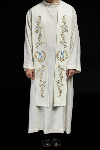 Stuła liturgiczna ecru z haftem maryjnym - KST/032/05/01 - HAF KST/032/05/01 - Dewocjonalia P.H. Jakóbczak - Katolicki sklep liturgiczny i hurtownia