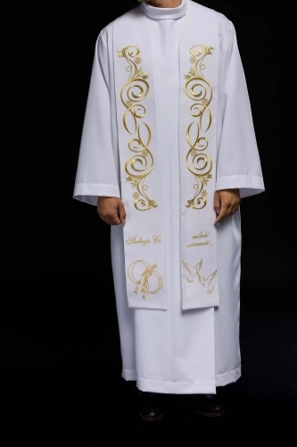 Stuła liturgiczna biała z dekoracyjnym haftem - KST/412/04/01 - HAF KST/412/04/01 - Dewocjonalia P.H. Jakóbczak - Katolicki sklep liturgiczny i hurtownia