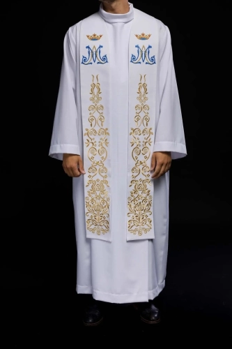 Stuła kapłańska biała z haftem maryjnym - KST/056/04/01 - HAF KST/056/04/01 - Dewocjonalia P.H. Jakóbczak - Katolicki sklep liturgiczny i hurtownia