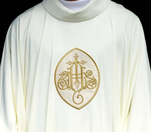 Ornat ecru z haftem IHS z dzianiny SACROLITE - KOR/388/05/78 - HAF KOR/388/05/78 - Dewocjonalia P.H. Jakóbczak - Katolicki sklep liturgiczny i hurtownia