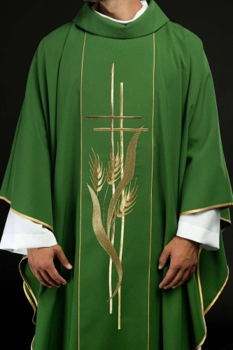 Zielony ornat haftowany motywami krzyża i kłosa - KOR/114/01/01 - HAF KOR/114/01/01 - Dewocjonalia P.H. Jakóbczak - Katolicki sklep liturgiczny i hurtownia