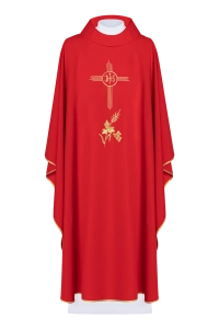Czerwony ornat liturgiczny haftowany motywem IHS - KOR/003/02/12