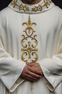 Ornat liturgiczny ecru bogato haftowany kamieniami - LE/7014/05