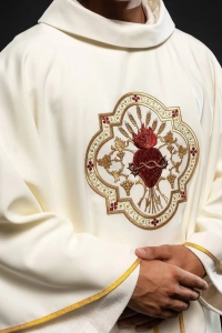 Ornat ecru haftowany z motywem Serca Jezusowego i kielicha eucharystycznego - KOR/118/05/01