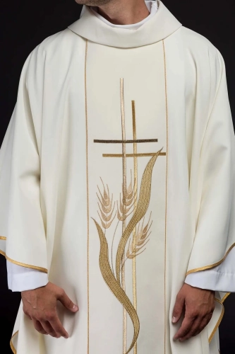 Ornat ecru haftowany motywami krzyża i kłosa - KOR/114/05/01 - HAF KOR/114/05/01 - Dewocjonalia P.H. Jakóbczak - Katolicki sklep liturgiczny i hurtownia