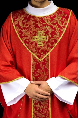 Czerwony ornat z krzyżem i tkaniną żakardową - LE/7075/02 - HAF LE/7075/02 - Dewocjonalia P.H. Jakóbczak - Katolicki sklep liturgiczny i hurtownia