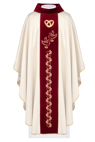 Ornat ślubny ecru z czerwonym aksamitnym pasem - KOR/283/05/54/PA - HAF KOR/283/05/54/PA - Dewocjonalia P.H. Jakóbczak - Katolicki sklep liturgiczny i hurtownia
