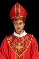 Mitra czerwona z haftowanym krzyżem na tkaninie żakardowej - LE/9075/02 - HAF LE/9075/02 - Dewocjonalia P.H. Jakóbczak - Katolicki sklep liturgiczny i hurtownia