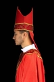 Mitra czerwona z haftowanym krzyżem na tkaninie żakardowej - LE/9075/02 - HAF LE/9075/02 - Dewocjonalia P.H. Jakóbczak - Katolicki sklep liturgiczny i hurtownia