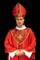 Mitra czerwona z haftowanym krzyżem na tkaninie żakardowej - LE/9075/02 - HAF LE/9075/02 - Dewocjonalia P.H. Jakóbczak - Katolicki sklep liturgiczny i hurtownia