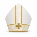 Mitra ecru z haftowanym krzyżem na tkaninie żakardowej - LE/9075/05 - HAF LE/9075/05 - Dewocjonalia P.H. Jakóbczak - Katolicki sklep liturgiczny i hurtownia