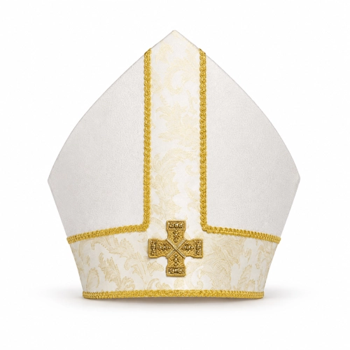 Mitra ecru z haftowanym krzyżem na tkaninie żakardowej - LE/9075/05 - HAF LE/9075/05 - Dewocjonalia P.H. Jakóbczak - Katolicki sklep liturgiczny i hurtownia