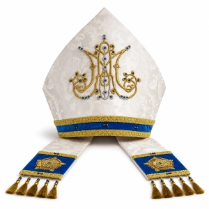 Mitra maryjna ecru i niebieska ręcznie zdobiona kamieniami naturalnymi - HM/9006/05/88