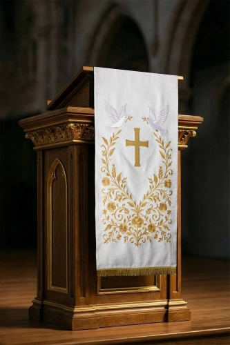 Lektorium białe z haftem krzyża i gołębi - LE/8049/05 - HAF LE/8049/05 - Dewocjonalia P.H. Jakóbczak - Katolicki sklep liturgiczny i hurtownia