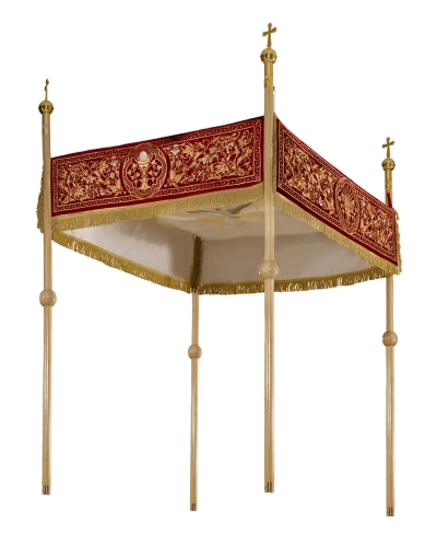 Baldachim procesyjny z bordowego aksamitu z haftem eucharystycznym - 140 x 160 cm - KBA/004/05/20/PA - HAF KBA/004/05/20/PA 140*160 - Dewocjonalia P.H. Jakóbczak - Katolicki sklep liturgiczny i hurtownia