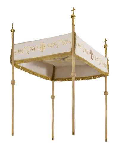 Baldachim procesyjny ecru z haftem eucharystycznym i winoroślą - 140 x 160 cm - KBA/009 - HAF KBA/009 140*160 - Dewocjonalia P.H. Jakóbczak - Katolicki sklep liturgiczny i hurtownia