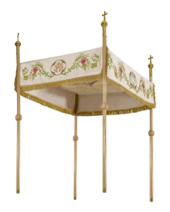 Baldachim procesyjny ecru z haftem eucharystycznym i różami - 130 x 160 cm - KBA/006