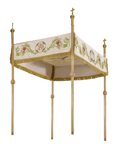 Baldachim procesyjny ecru z haftem eucharystycznym i różami - 130 x 160 cm - KBA/006 - HAF KBA/006 130*160 - Dewocjonalia P.H. Jakóbczak - Katolicki sklep liturgiczny i hurtownia