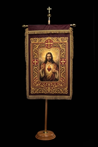 Dwustronna chorągiew procesyjna z Najświętszym Sercem Jezusa i kielichem IHS - 80 x 130 cm - CHD/002 - HAF CHD/002/09-05/109 80*130 - Dewocjonalia P.H. Jakóbczak - Katolicki sklep liturgiczny i hurtownia