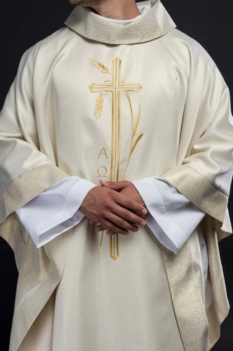 Ornat ecru z haftem kłosów zboża i krzyża - S-7052-05-54 - HAF S-7052-05-54 - Dewocjonalia P.H. Jakóbczak - Katolicki sklep liturgiczny i hurtownia