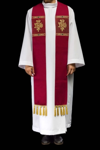 Stuła kapłańska czerwona z haftem IHS - S-2067-02-70 - HAF S-2067-02-70 - Dewocjonalia P.H. Jakóbczak - Katolicki sklep liturgiczny i hurtownia