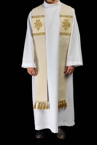 Stuła kapłańska ecru z haftem IHS - S-2067-05-70 - HAF S-2067-05-70 - Dewocjonalia P.H. Jakóbczak - Katolicki sklep liturgiczny i hurtownia