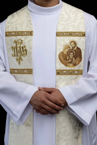 Stuła kapłańska ecru z haftem IHS - S-2075-05-88 - HAF S-2075-05-88 - Dewocjonalia P.H. Jakóbczak - Katolicki sklep liturgiczny i hurtownia