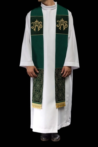 Aksamitna stuła kapłańska zielona z haftem IHS - HAF S-2055-01-70 - Dewocjonalia P.H. Jakóbczak - Katolicki sklep liturgiczny i hurtownia