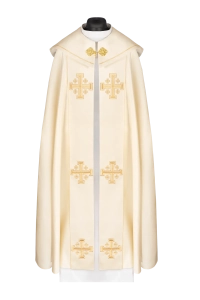 Kapa liturgiczna ecru z aksamitnym pasem i haftowanymi krzyżami - KDT/3046/05