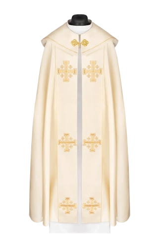 Kapa liturgiczna ecru z aksamitnym pasem i haftowanymi krzyżami - KDT/3046/05 - HAF KDT/3046/05 - Dewocjonalia P.H. Jakóbczak - Katolicki sklep liturgiczny i hurtownia