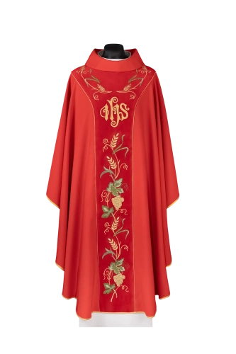 Ornat czerwony z aksamitnym pasem i haftem IHS - KDT/7050/02/53/PA - HAF KDT/7050/02/53/PA - Dewocjonalia P.H. Jakóbczak - Katolicki sklep liturgiczny i hurtownia