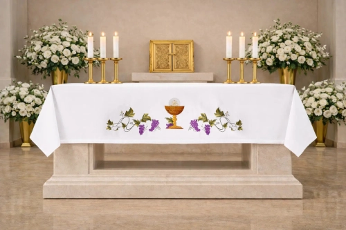 Obrus ołtarzowy z haftem kielicha eucharystycznego, 150 x 300 cm - S-8852-04 150*300 - HAF S-8852-04 150*300 - Dewocjonalia P.H. Jakóbczak - Katolicki sklep liturgiczny i hurtownia