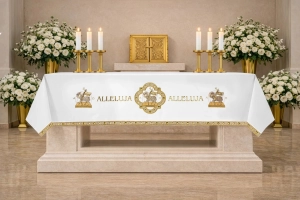 Obrus ołtarzowy na Wielkanoc z Barankiem Paschalnym i haftem Alleluja, 150 x 300 cm - S-8872-04 150*300