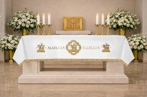 Obrus ołtarzowy na Wielkanoc z Barankiem Paschalnym i haftem Alleluja, 150 x 300 cm - S-8872-04 150*300 - HAF S-8872-04 150*300 - Dewocjonalia P.H. Jakóbczak - Katolicki sklep liturgiczny i hurtownia