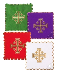 Zestaw palek kielichowych z haftowanym Krzyżem jerozolimskim w czterech kolorach liturgicznych - KPA4/030