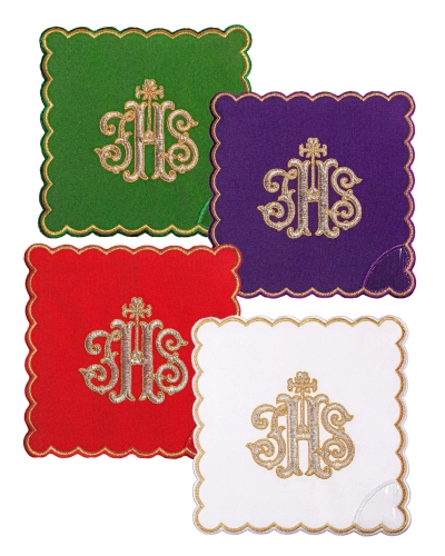 Zestaw palek kielichowych z haftowanym symbolem IHS w czterech kolorach liturgicznych - KPA4/072 - HAF KPA4/072 - Dewocjonalia P.H. Jakóbczak - Katolicki sklep liturgiczny i hurtownia