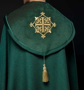 Kapa liturgiczna zielona z aksamitnym pasem i haftowanym krzyżem - LE/3029/01