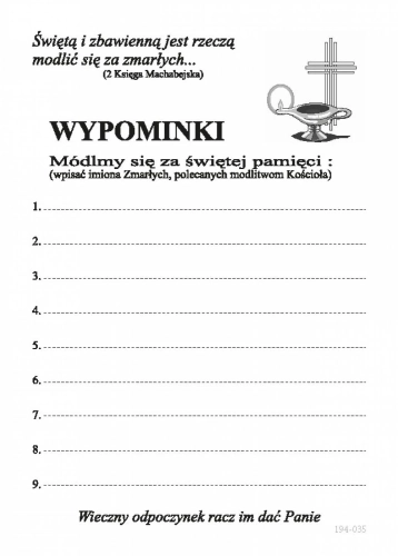 Wypominki całoroczne - formularz z dziewięcioma liniami, krzyżem i lampką oliwną Kartki na wypominki A5, opakowanie 500 sztuk