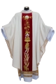 Ornat ecru z haftem eucharystycznym, czerwony pas