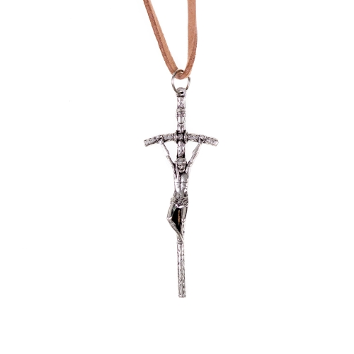 Naszyjnik - krzyżyk papieski - metal - rzemyk - JS K3020 - Dewocjonalia P.H. Jakóbczak - Katolicki sklep liturgiczny i hurtownia
