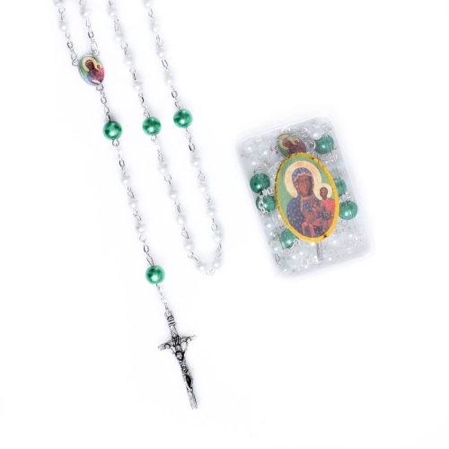 Różaniec - szkło - 6 mm - perłowa powłoka - Matka Boża Częstochowska - Jezus Miłosierny - pudełko - JS R992-CZ - Dewocjonalia P.H. Jakóbczak - Katolicki sklep liturgiczny i hurtownia