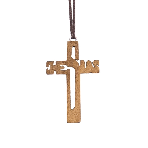 Naszyjnik - krzyżyk - JESUS - drewno - rzemyk - JS WD152 - Dewocjonalia P.H. Jakóbczak - Katolicki sklep liturgiczny i hurtownia