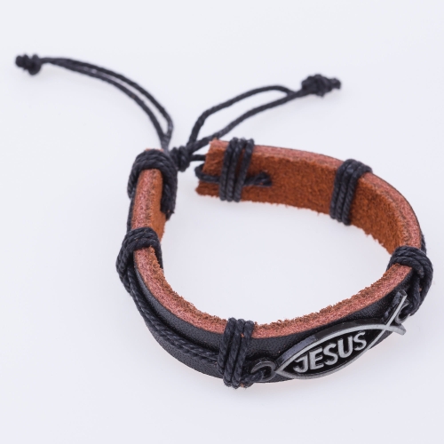  Bransoletka skórzana z metalową rybką JESUS